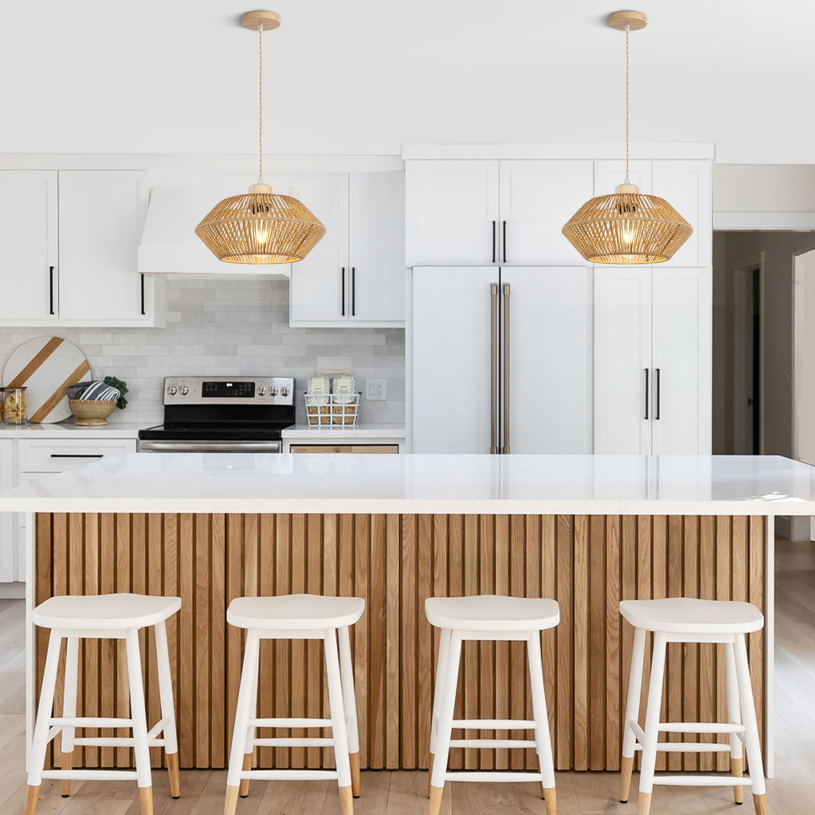LynPon Boho Pendelleuchte Rattan Korbgeflecht Hängeleuchte Kronleuchter Deckenleuchte Wohnzimmer Schlafzimmer Esszimmer Flur Treppe Küchen Mit Lampenschirm, Ohne E27 Glühbirne