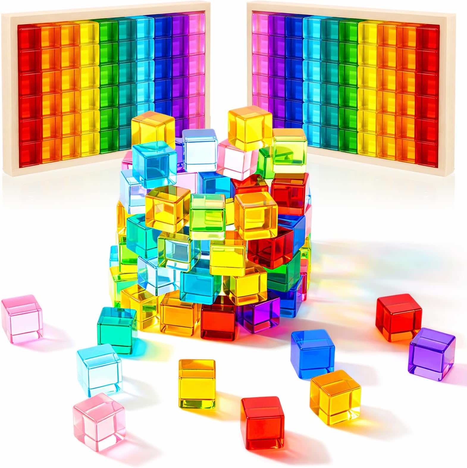 Meooeck 60 Pcs Colored Acrylic Gem Cube Blocks, Translucent Rainbow Building Stacking Cube Educational Sensory Train Toy with Wooden Storage Box for Toddler Kid Montessori School Classroom Supplies