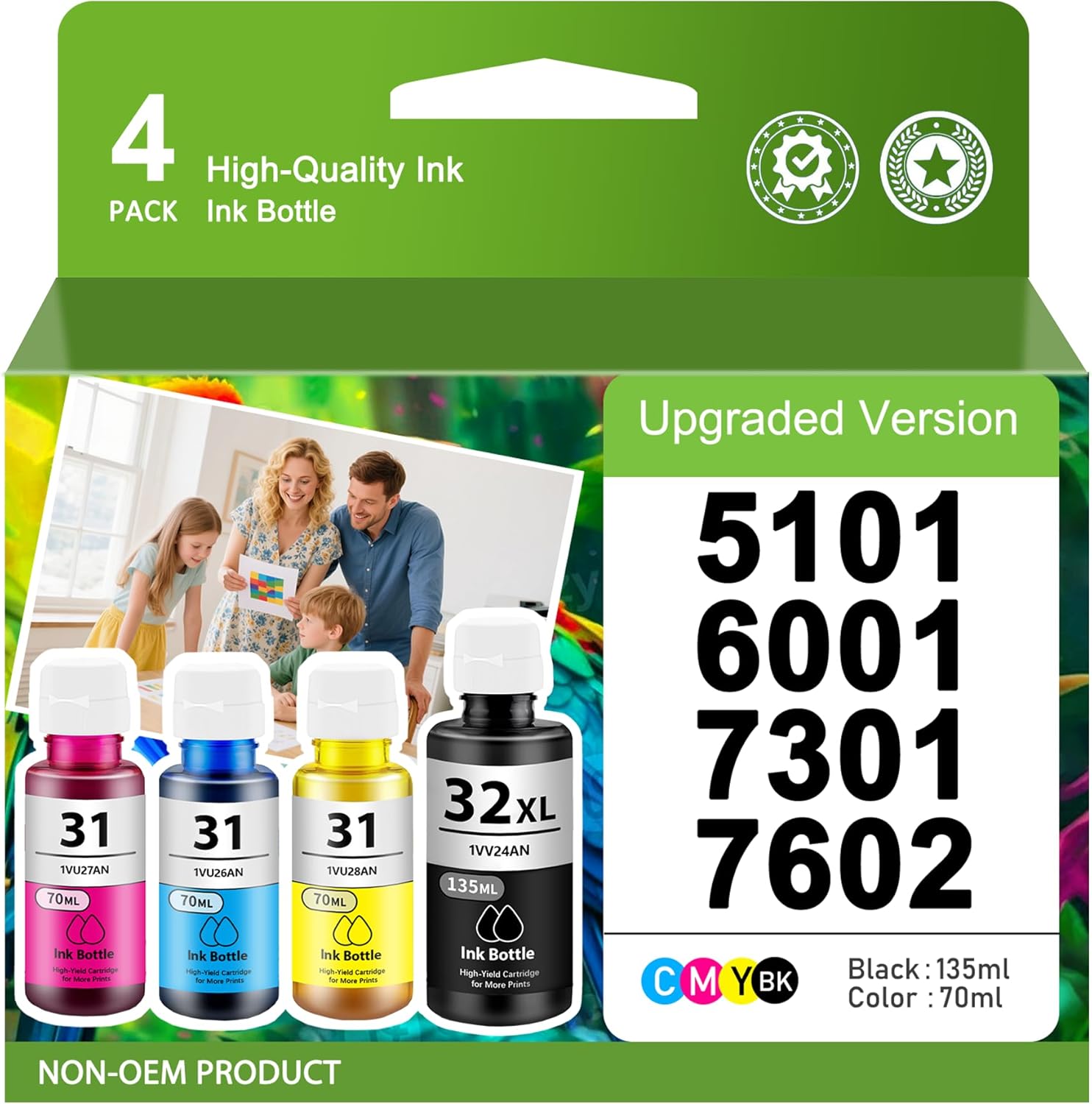 32XL 31 Ink Bottle 5101 7602 6001 7301 Refill Kit Black Cyan Magenta Yellow Compatible for HP Smart Tank 5101 7602 6001 7301 Printer Ink | Home Office Use 4-Pack