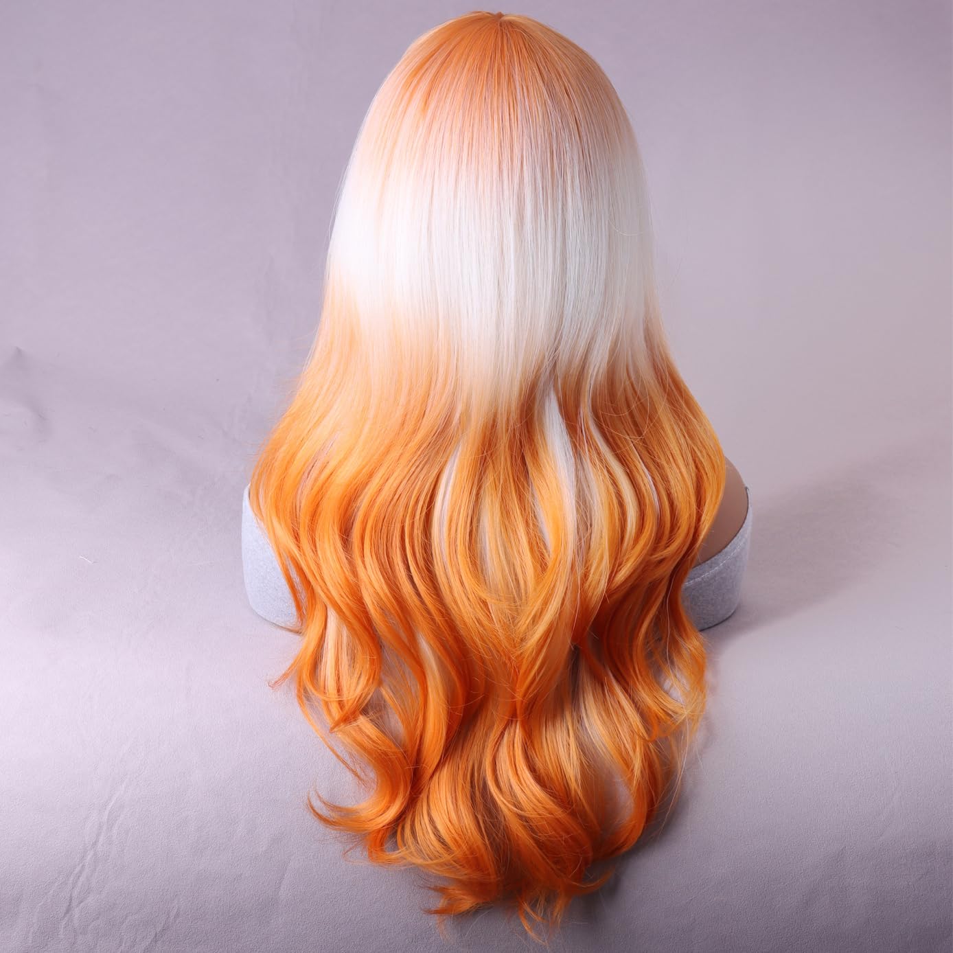 BERON Orange and White Long Wigs Curly Wavy Women's Wigs with Bangs Orange White Ombre Colorful Heat Resistant Synthetic Wigs for Cosplay or Daily Wigs Wig Cap Included - Image 4