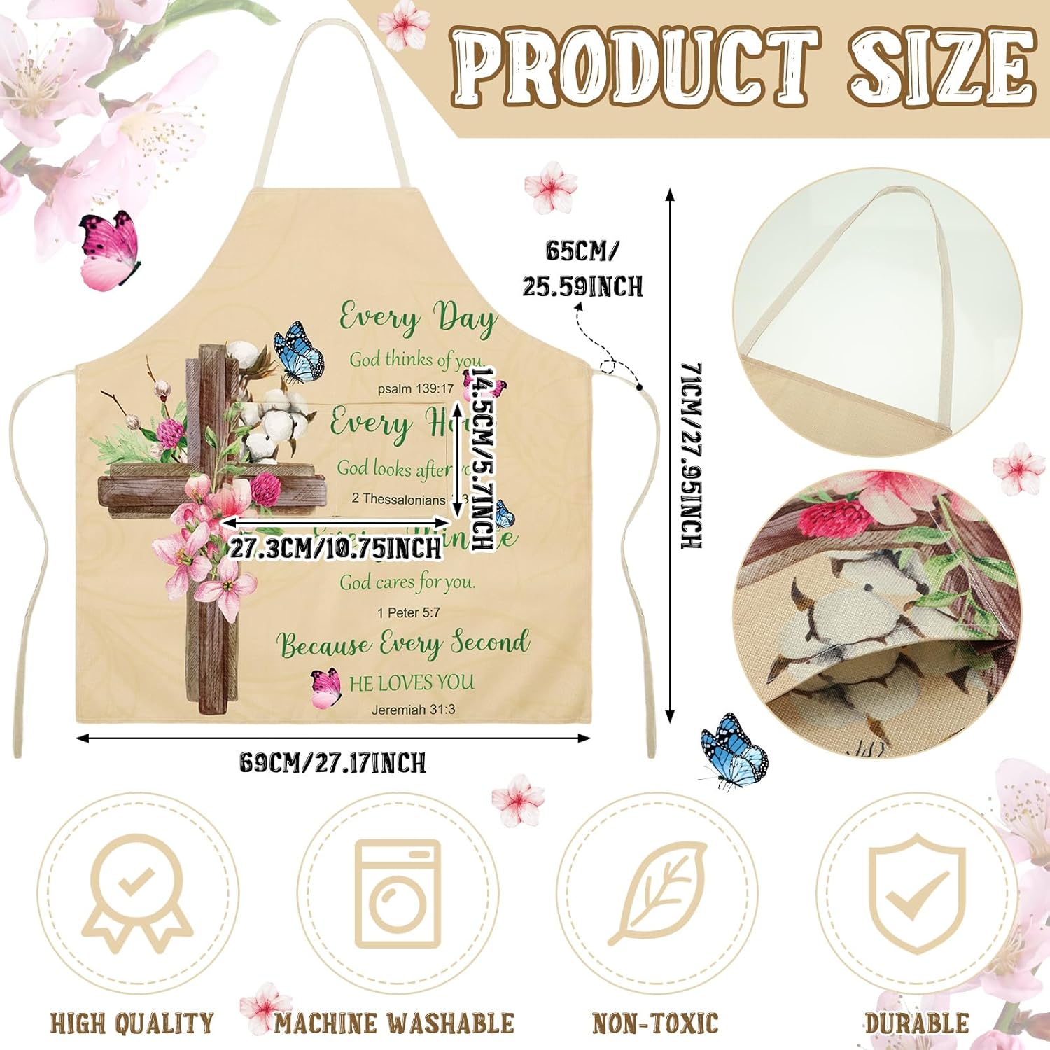 Lasnten Christian Bible Verse Apron Mothers Religious Gifts for Women Inspirational Spiritual Christian Apron with 2 Pockets(Cotton Flower) - Image 3