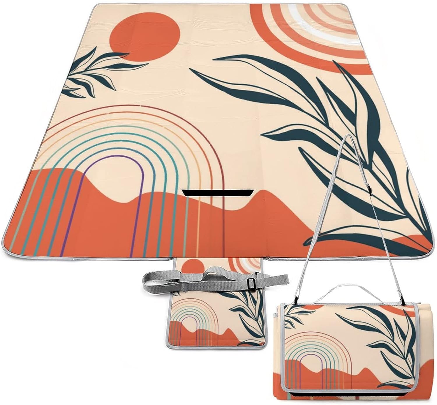 Modern Abstract Mid Century Portable Picnic Mat Rustic Boho Art Arch Plant Sun Pattern for Outdoor Picnics Beach Camping 58.3x58.3 Inch