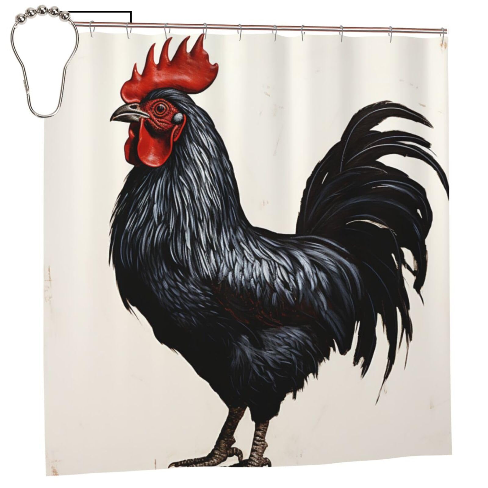 FodPand Black Rooster Shower Curtain 70"x70" Waterproof Long Bathroom Curtain Heavy Duty Thick Cloth Bath Curtain Set with Hooks, Modern Abstract Art Pattern Bathroom Shower Curtains