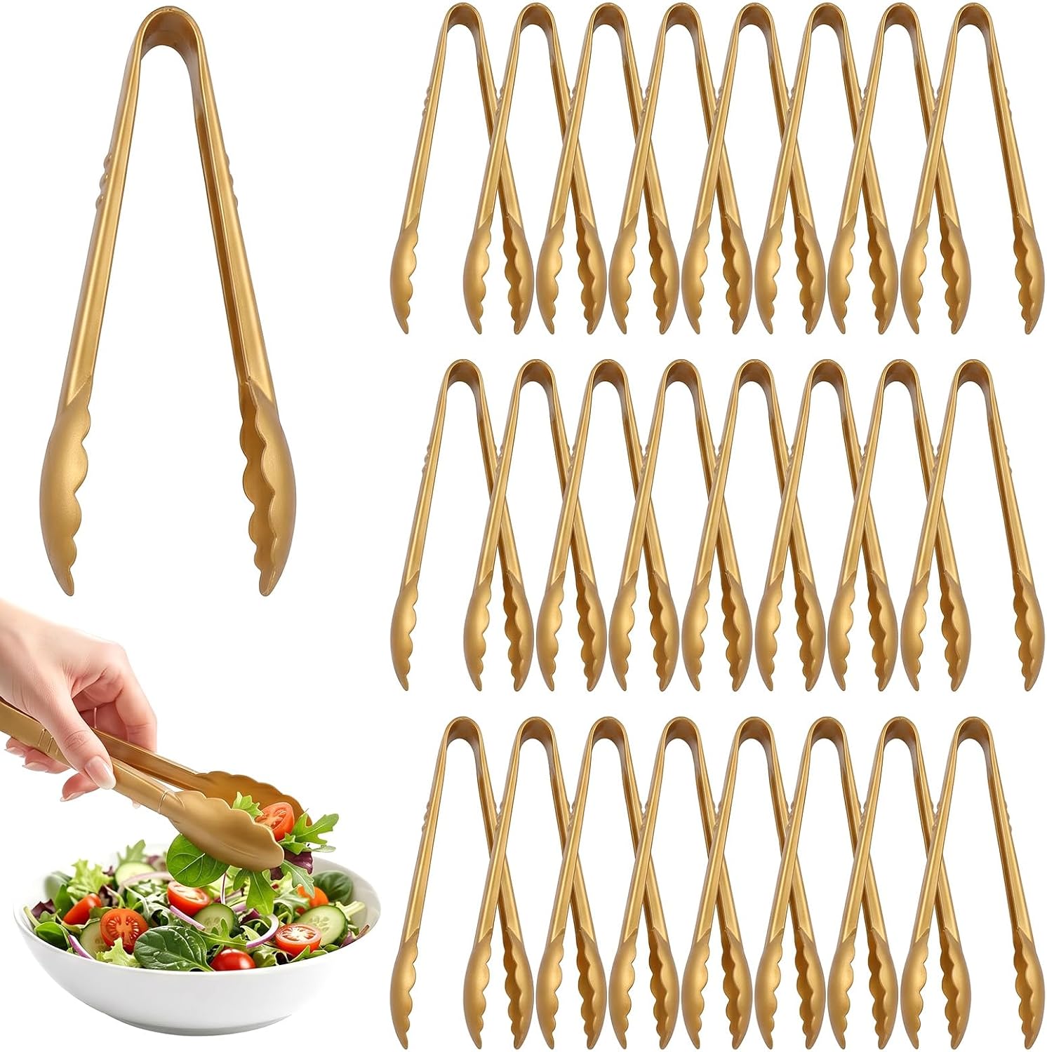 24 Pack Gold Plastic Serving Tongs - 9 Inch Heavy Duty Edge Tongs