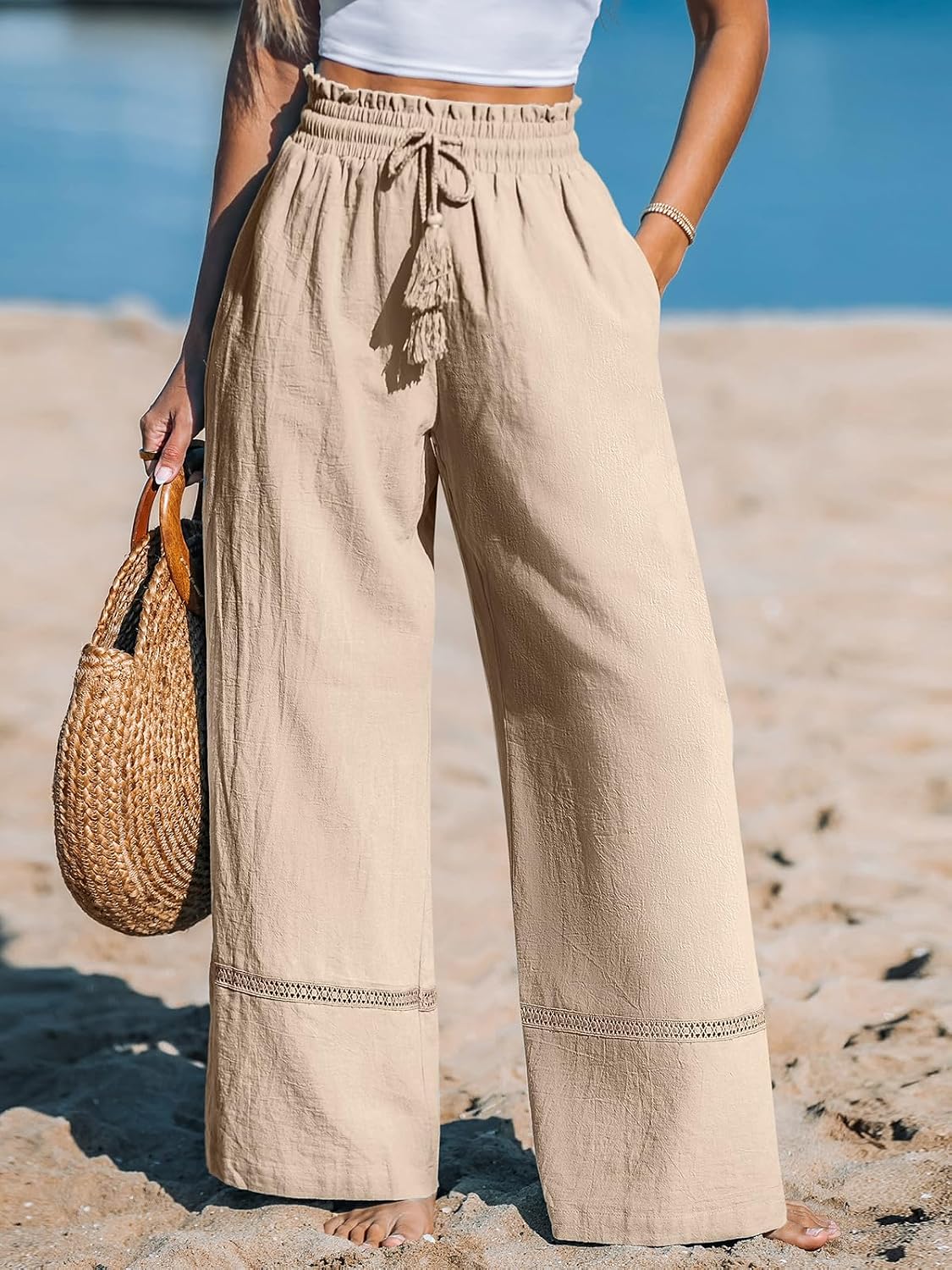 CUPSHE Women's Wide Leg Pants with Pockets High Waisted | 100% Cotton, Flowy Palazzo Pants, Summer Casual Beach Trousers, Lightweight