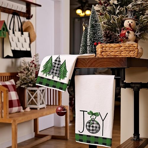 Miniatura 3 de ARKENY AD141 - Juego de 2 paños de cocina de Navidad, diseño de búfalo verde, diseño de árbol de Navidad, 18 x 26 pulgadas, decoración de Noel para