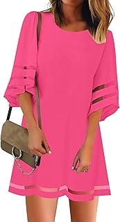 Women Casual Crewneck Mesh Panel 3/4 Bell Sleeve Loose Tunic Dress