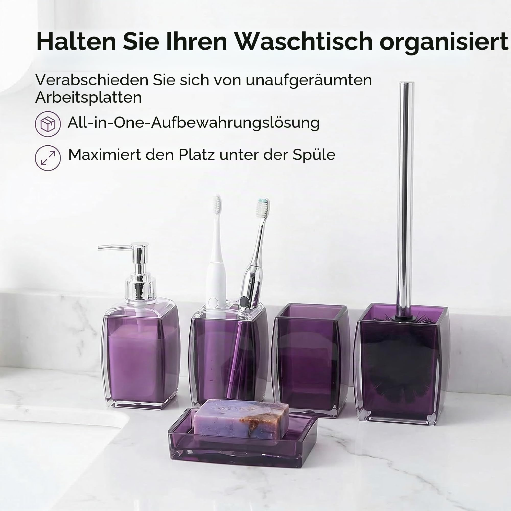 5-teiliges Badezimmerzubehör-Set aus Kunstharz/Acryl, Lotion/Seifenspender, Seifenschale, Zahnbürstenhalter, Becher, WC-Bürste und Halter, modernes Badezimmer-Dekor und Geschenk-Set, Violett