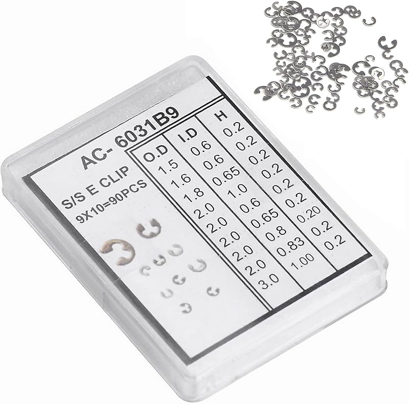 90pcs Watch Ring Clip C Clips E Clip, 9sizes 1.5-4mm External Retaining Rings, Snap Ring Assortment Kit, for Chronograph, Watch Pusher Button and Other Shafts