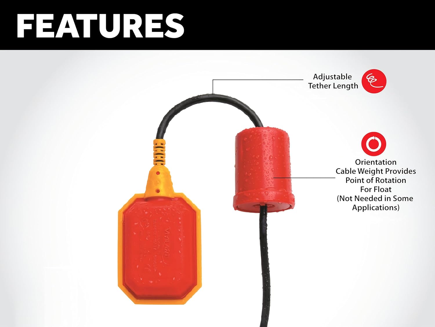 Float Switch for Sump Pump - 6-Foot Water Level Sensor with Honeywell Microswitch and Adjustable Tether Length for Ground Water Bilge Pump and Water Tank – Non-Corrosive PP Casing, Rated to 13 Amps