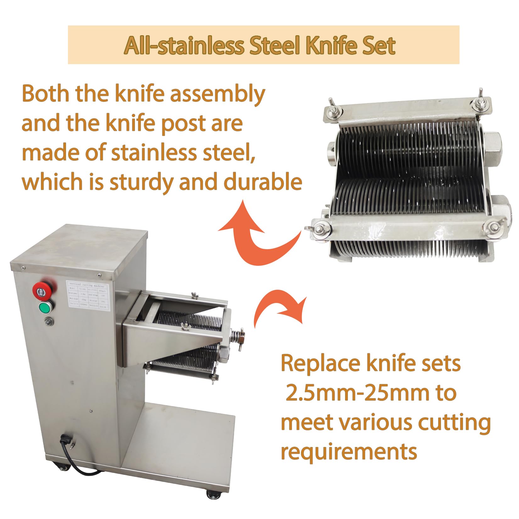 EQCOTWEA Electric Meat Cutter Machine 12mm Commercial Meat SlicerStainless Steel Blade Shredded Machine for Beef,Chicken,Pork and Fish 400KG/H 110V 750W TJ130L Series