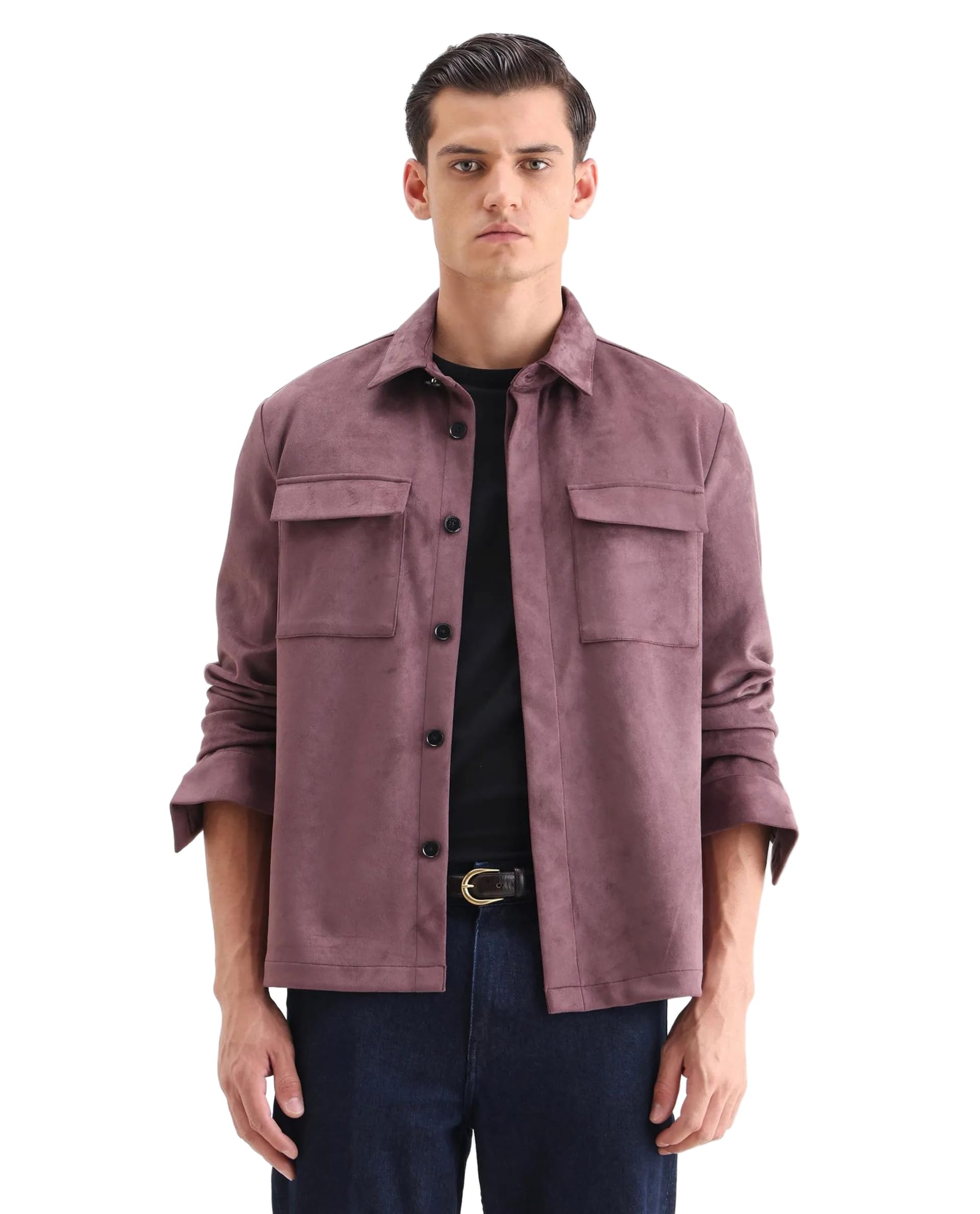 rare rabbit Men Relaxed Solid Grey Polyester Blend Button Front Shacket Jacket-picture-42