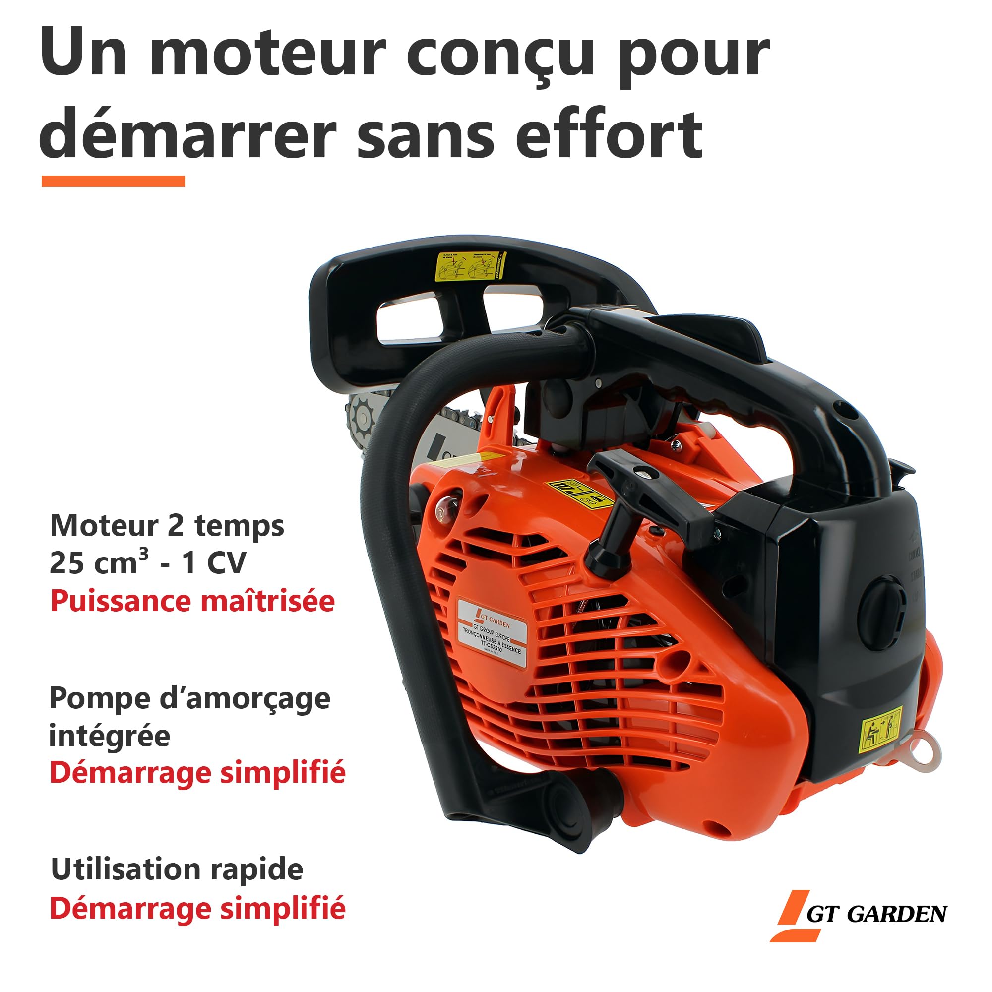 Tronçonneuse élagueuse thermique 25 cm3, 1 CV, guide 26 cm, 2 chaînes