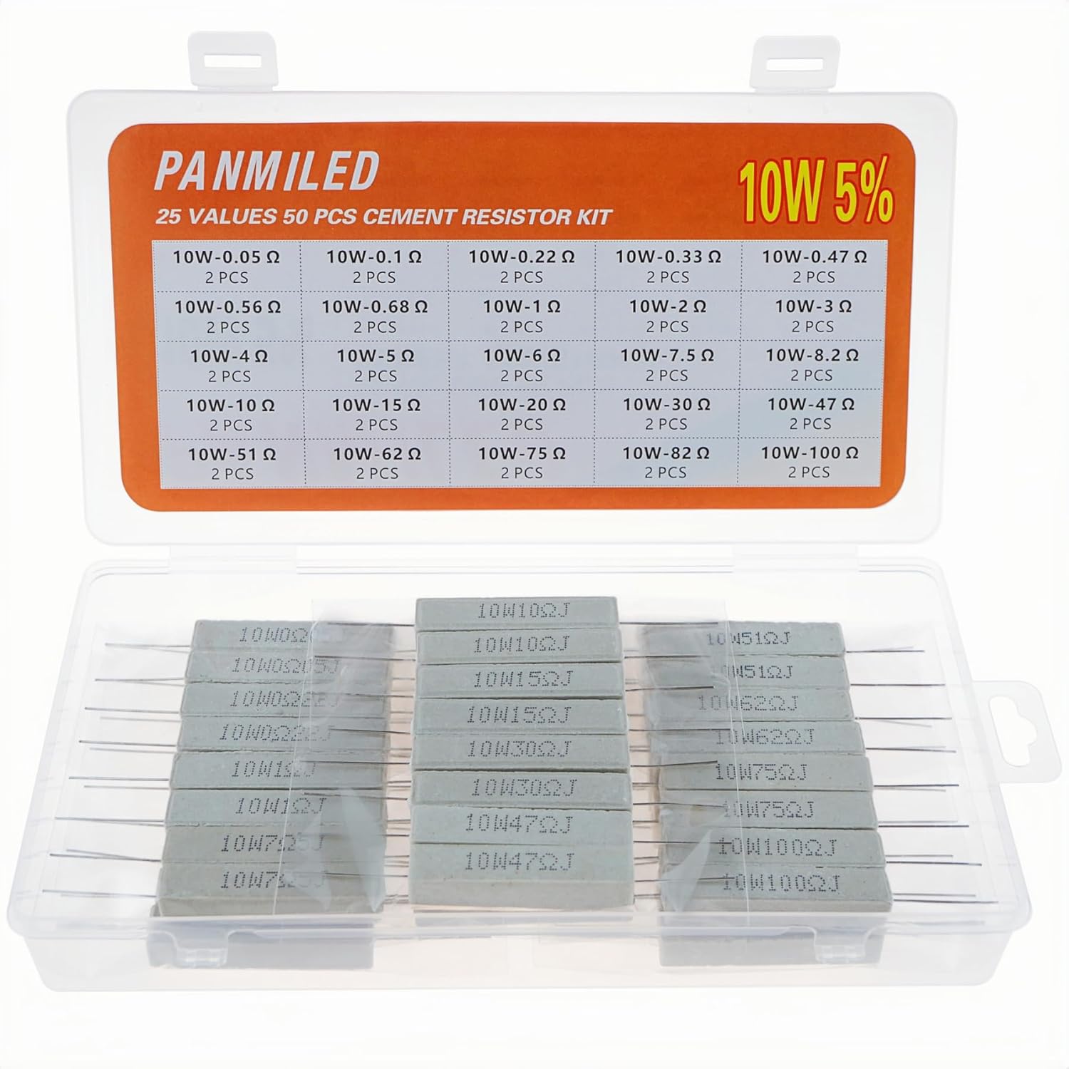 PANMILED 25 Values 50 Pieces Cement Resistor KIT 10W ±5% Ceramic Power Resistors 10 Watt (0.05 Ohm - 100 Ohm)