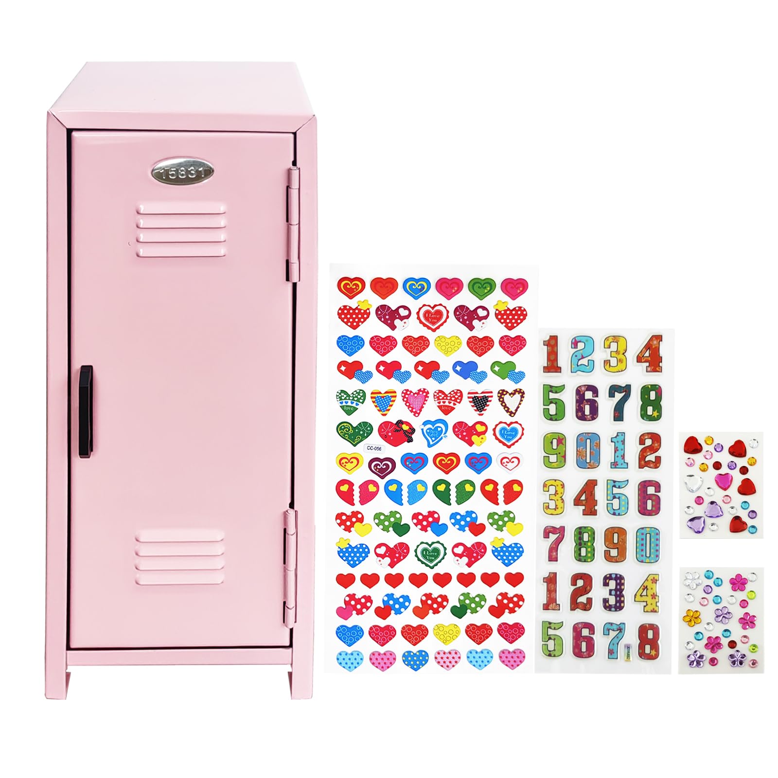 Mini Locker with Lock Key Stickers Box Metal Small Locker Mini Locker Miniature Storage Girls Lockbox Desktop Storage Organizer for Cash Money Jewelry Safe Dollhouse Furniture Accessories (Pink)
