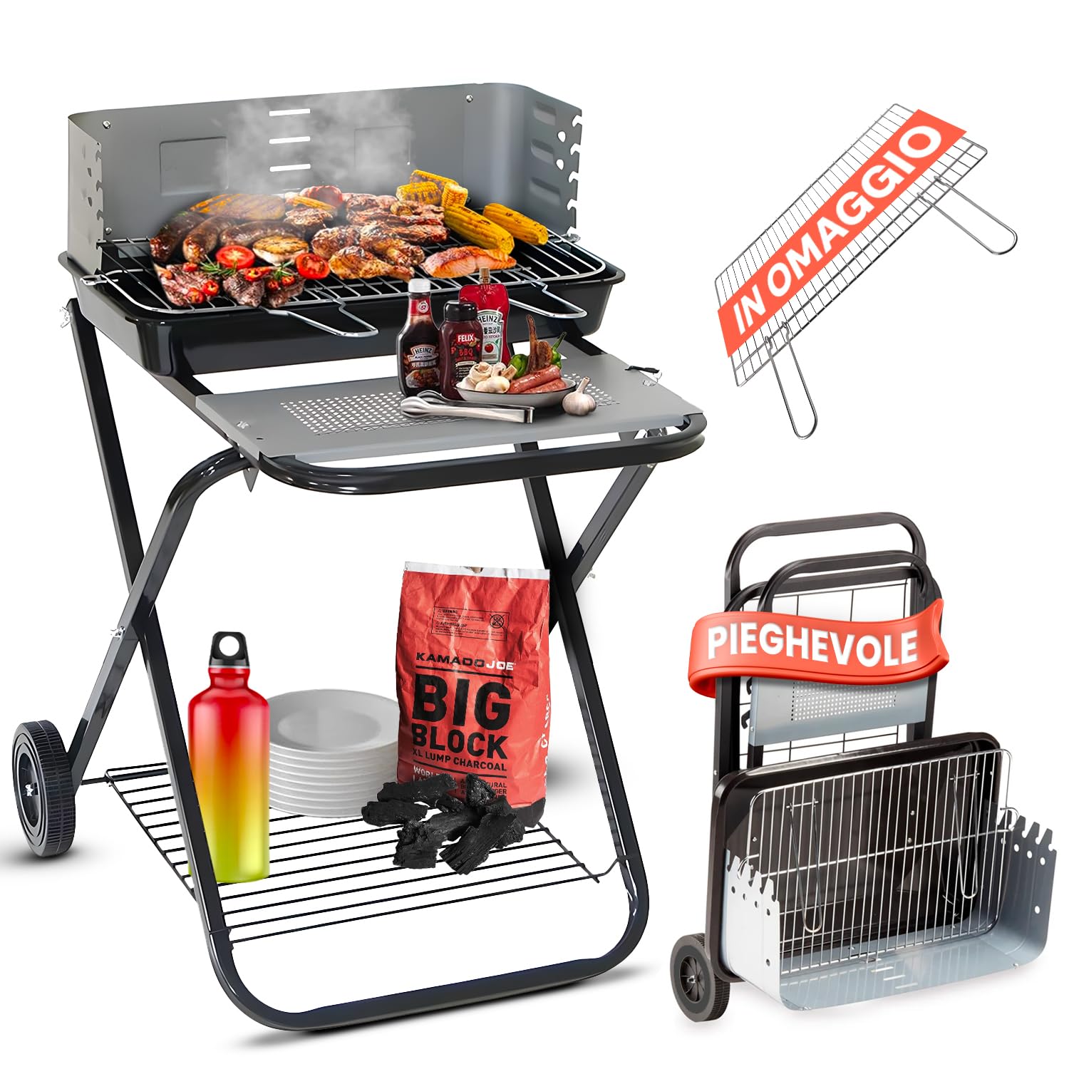 Barbecue à charbon portable Avilia pliable avec grille 54x38 cm et roues