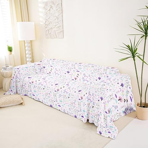 Vista 2 de Erosebridal White Rabbit Couch Cover 71" x 102" Kawaii Bunny Sofa Cover for Kids Boys Girls Cute Tree Birds Couch Protector Farmhouse Garden White