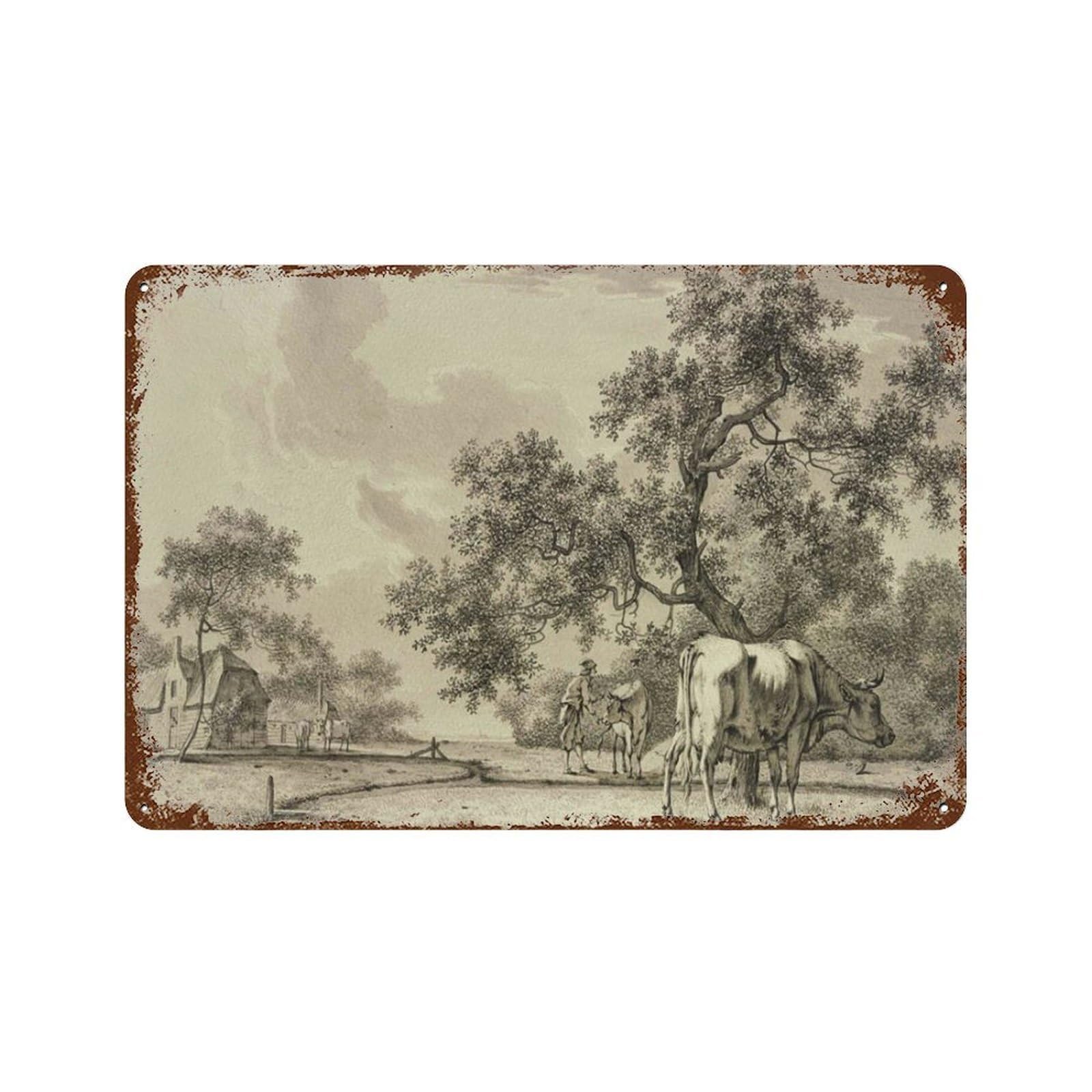 xiaoxiaoshen Neutral Vintage Landscape Pencil Drawing, Cow Sketch Wall Decor Art Metal Tin Poster Modern Home Decor Art Home Bar Shop Decorations Vintage Sign 20x30cm