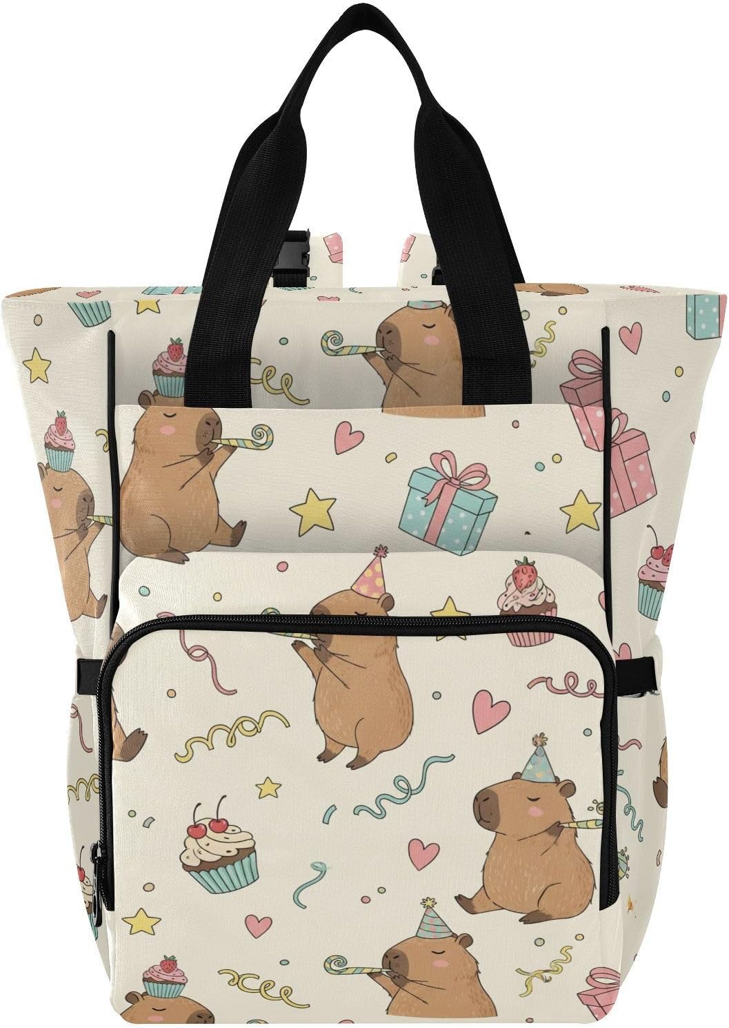 Capybara Cupcake Beige Print Diaper Bag Backpack for Baby Boys Girls Multifunction Baby Essentials Travel Tote with Stroller Straps & Bottle Storage Nappy Changing Bag for Moms Dads Baby Gifts