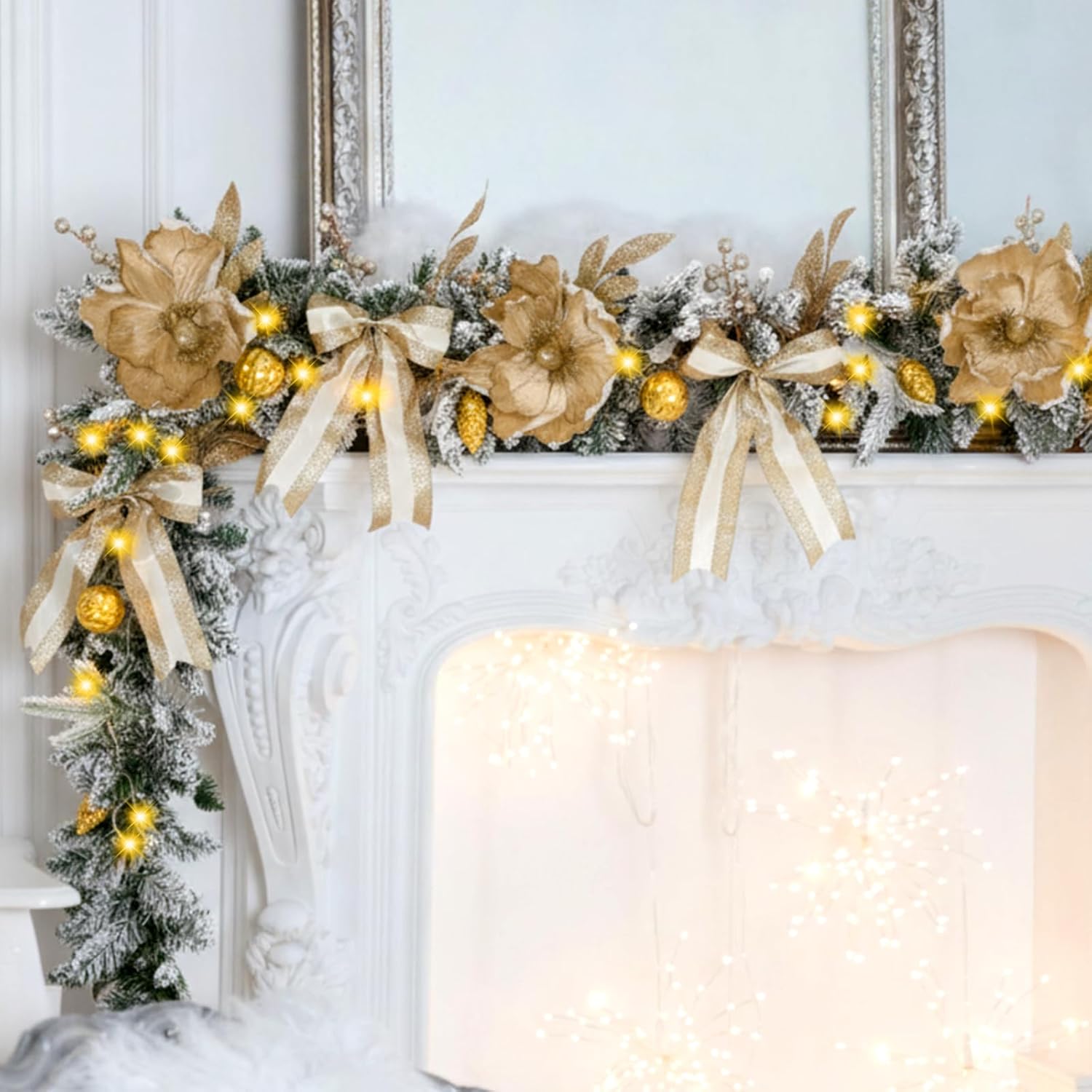 Syhood Champagne Christmas Garland 6.5 ft Christmas Flocked Garlands for Mantle with Large Magnolia Flower, Globe String Lights, Large Bows, Glitter Berries and Leaves for DIY Stair Indoor Xmas Decor - Image 2