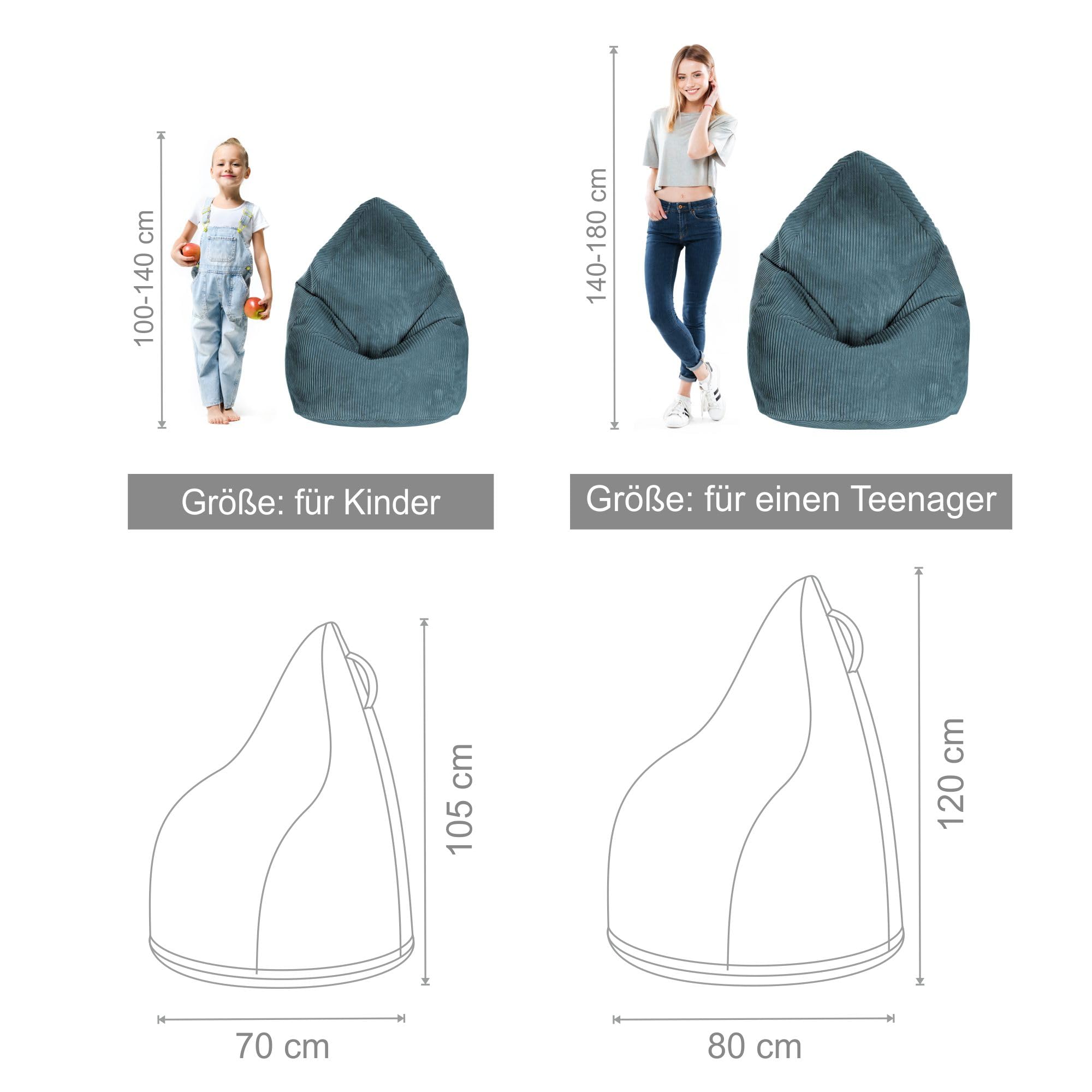 DreamRoots Sitzsack für Kinder 80x80x120cm - Cord Bean Bag Chair Mit Füllung, Lehne und Bezug - für Mädchen und Jungen