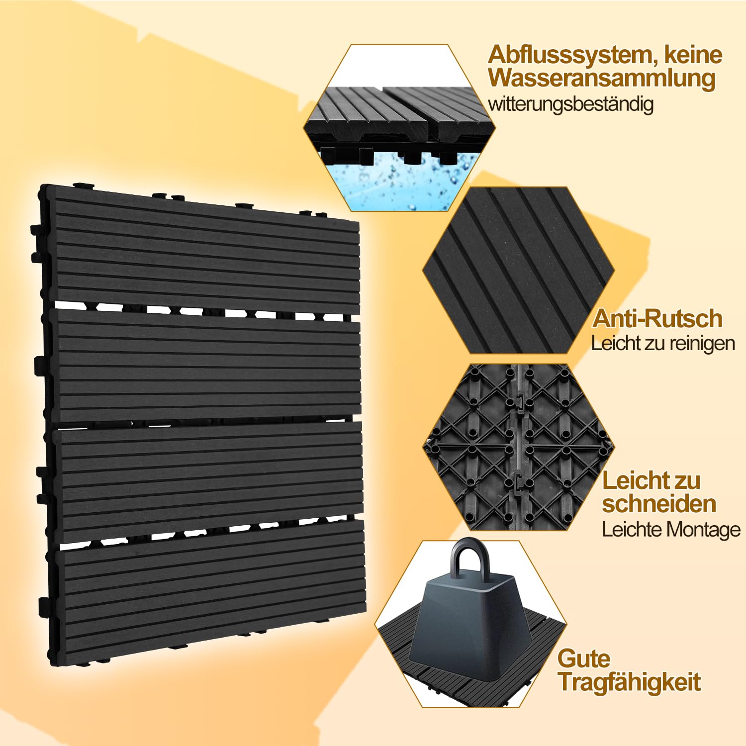 Gimisgu Płytki WPC 30 x 30 cm, płytki tarasowe WPC wykładzina podłogowa, płytki na klik, odporne na warunki atmosferyczne, z funkcją drenażu, deski tarasowe na balkon, taras, 66 szt./6 m², antracytowe