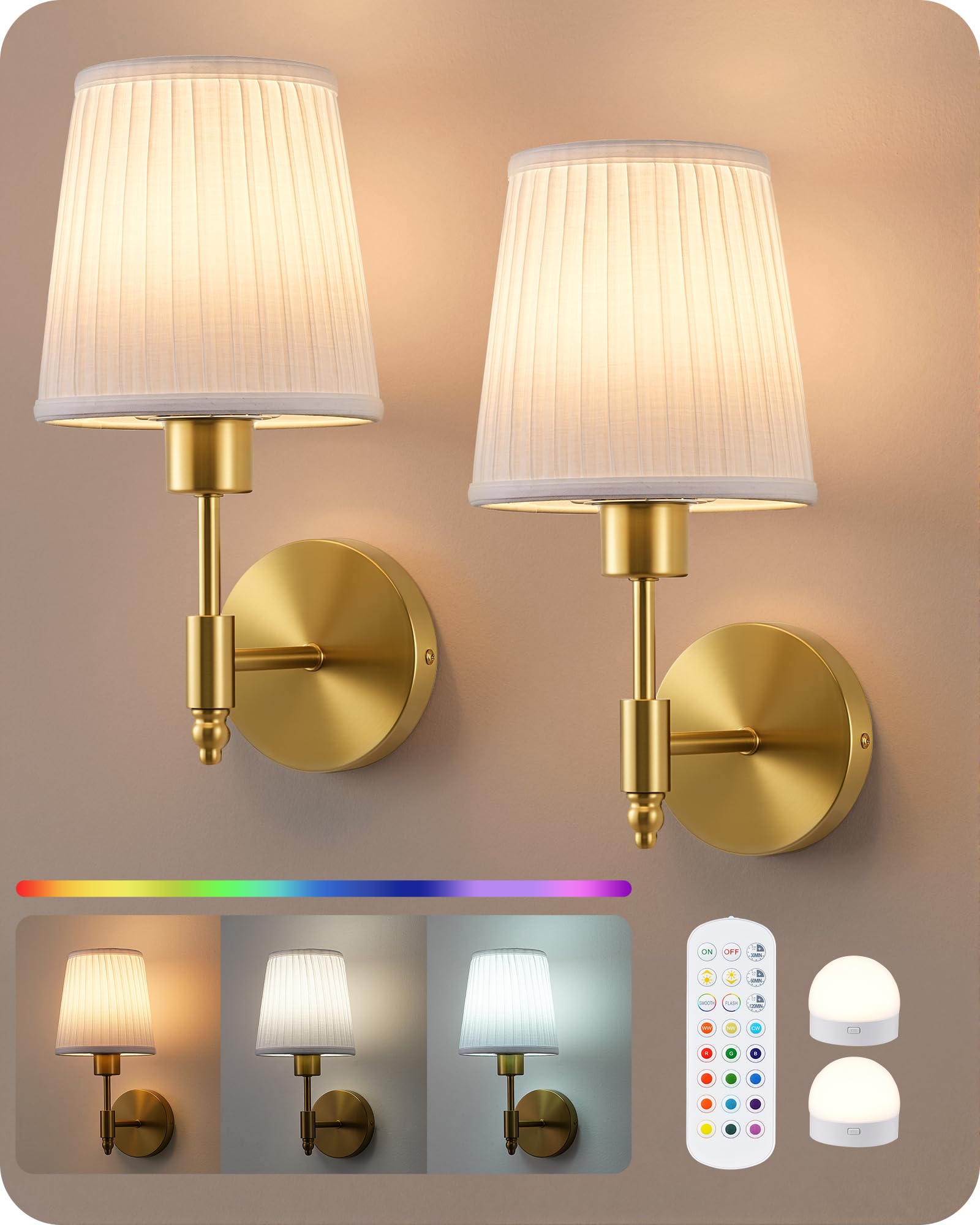 EDISHINE Applique Murale Rechargeable avec Télécommande, 12 RGB, Dorée