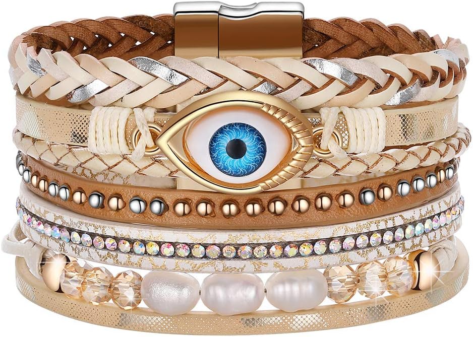 Evil Eye Leather Boho Wrap Stack Bracelets,Cuff Bohemian Multilayer Wide Wrist Magnetic Clasp Buckle Casual Bracelets for Teen Girls Women Boy Gift