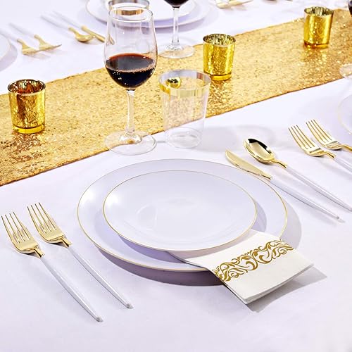 Miniatura 4 de Nervure 140 platos de plástico blanco y dorado, platos desechables dorados para fiesta, 20 platos llanos, 20 platos de postre, 60 cubiertos de