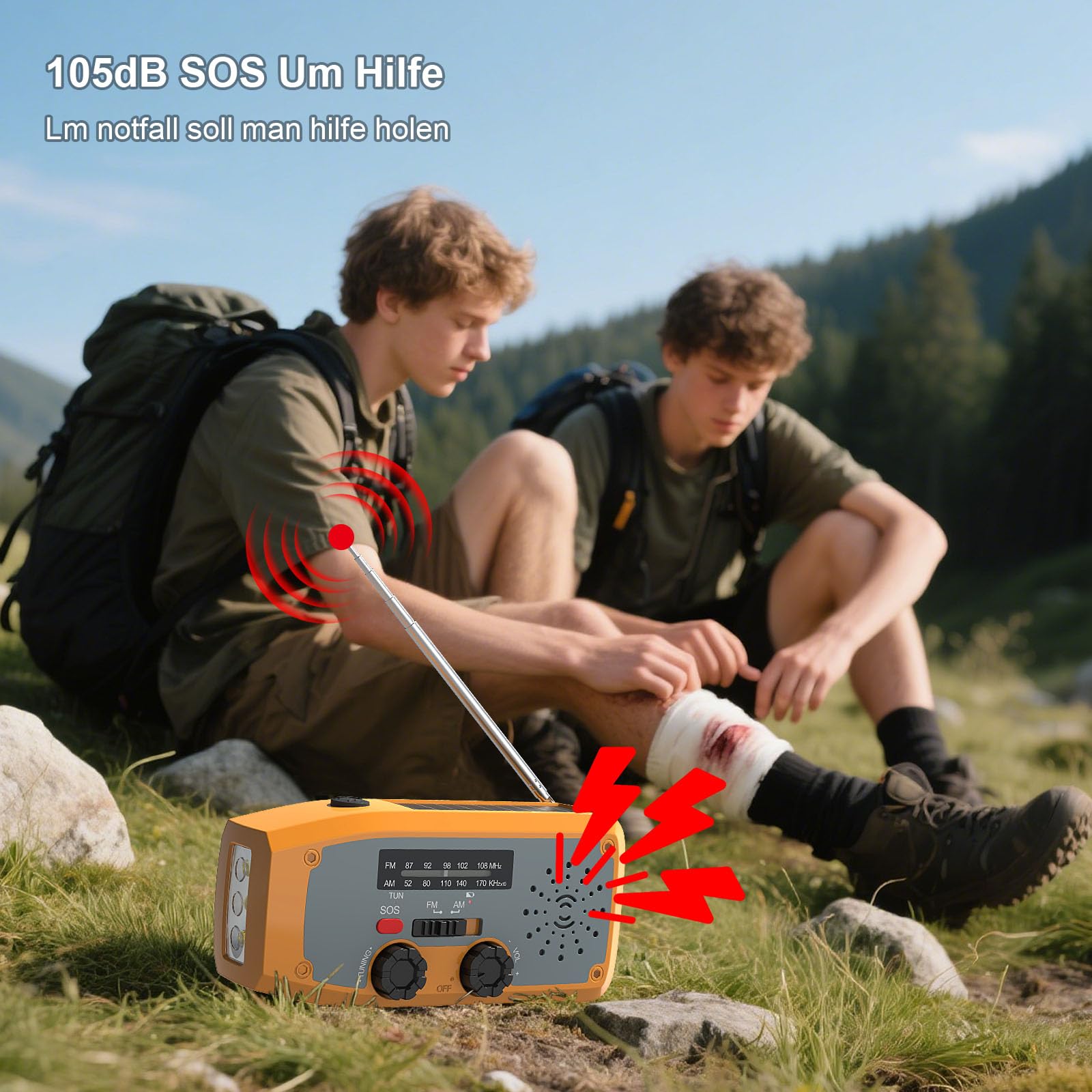 Radio a Manovella, Radio di Emergenza Solare con Torcia a LED, Allerta SOS, AM/FM Radio Solare con Power Bank da 2000 mAh per Campeggio Emergenze, Arancione