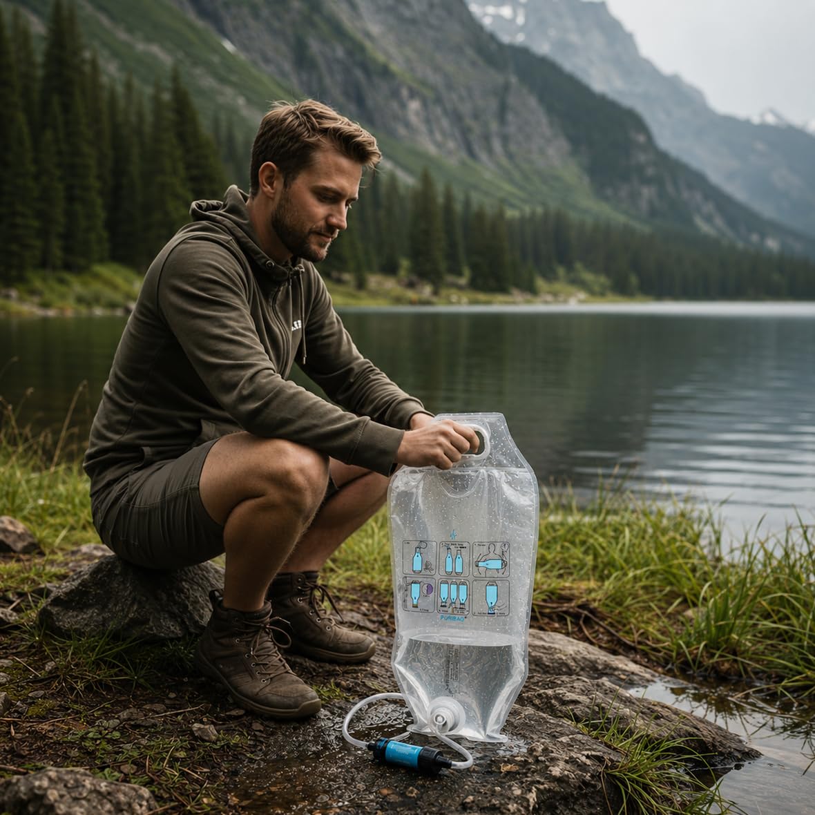 PURIBAG Système Professionnel Filtre à Eau par gravité - Système de Filtration d'eau Portable 4 en 1 pour Sac à Dos, Camping et Urgence - S'accroche n'importe où, Filtre l'eau