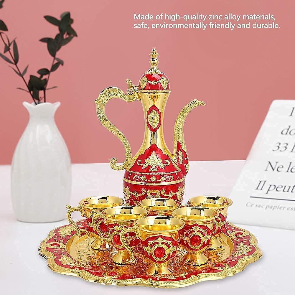 Set di Caffettiere Turche Vintage Set da tè Turco Europeo Creativo con Vassoio per Teiera E 6 Mini Tazze Set di Tazze da caffè,Regalo di Nozze di Artigianato Artistico (Rosso)