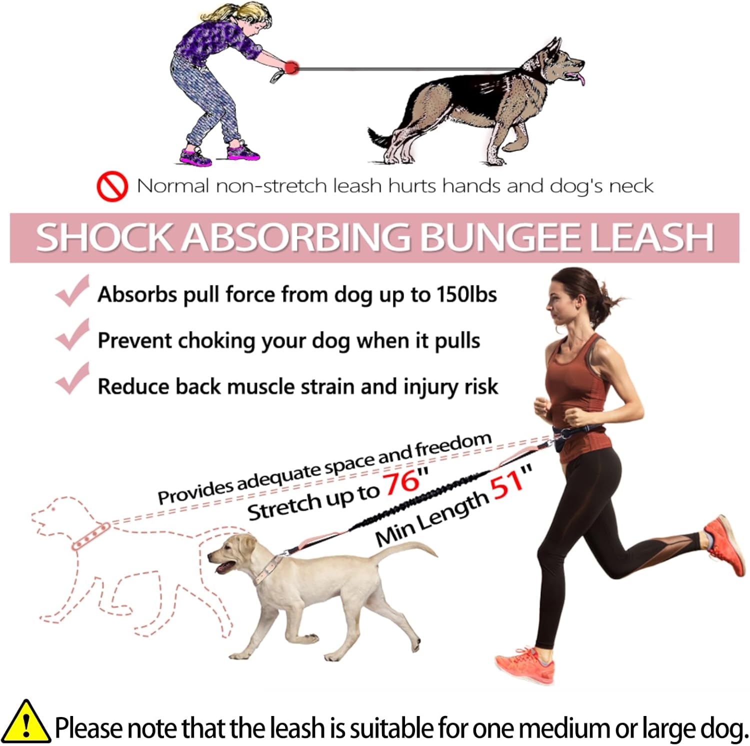 Hands Free Dog Leash Bungee Retractable Dog Running Waist Leash for Running Walking Jogging Training Hiking with Medium to Large Dogs, Adjustable Waist Belt Pouchouch, Reflective Stitches, Dual Handle