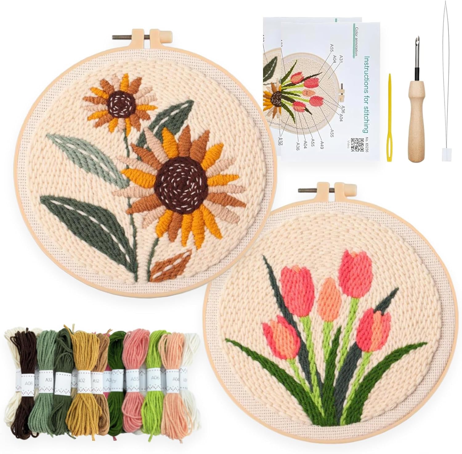 YWAOAIJD Punch Needle Embroidery Kit,2Pcs Embroidery kit for Beginners,Include Punch Needle Tools,Embroidery Hoops,2Pre-Printed Fabric & Color Threads,DIY Craft for Home Decor & Gifts (Flower)