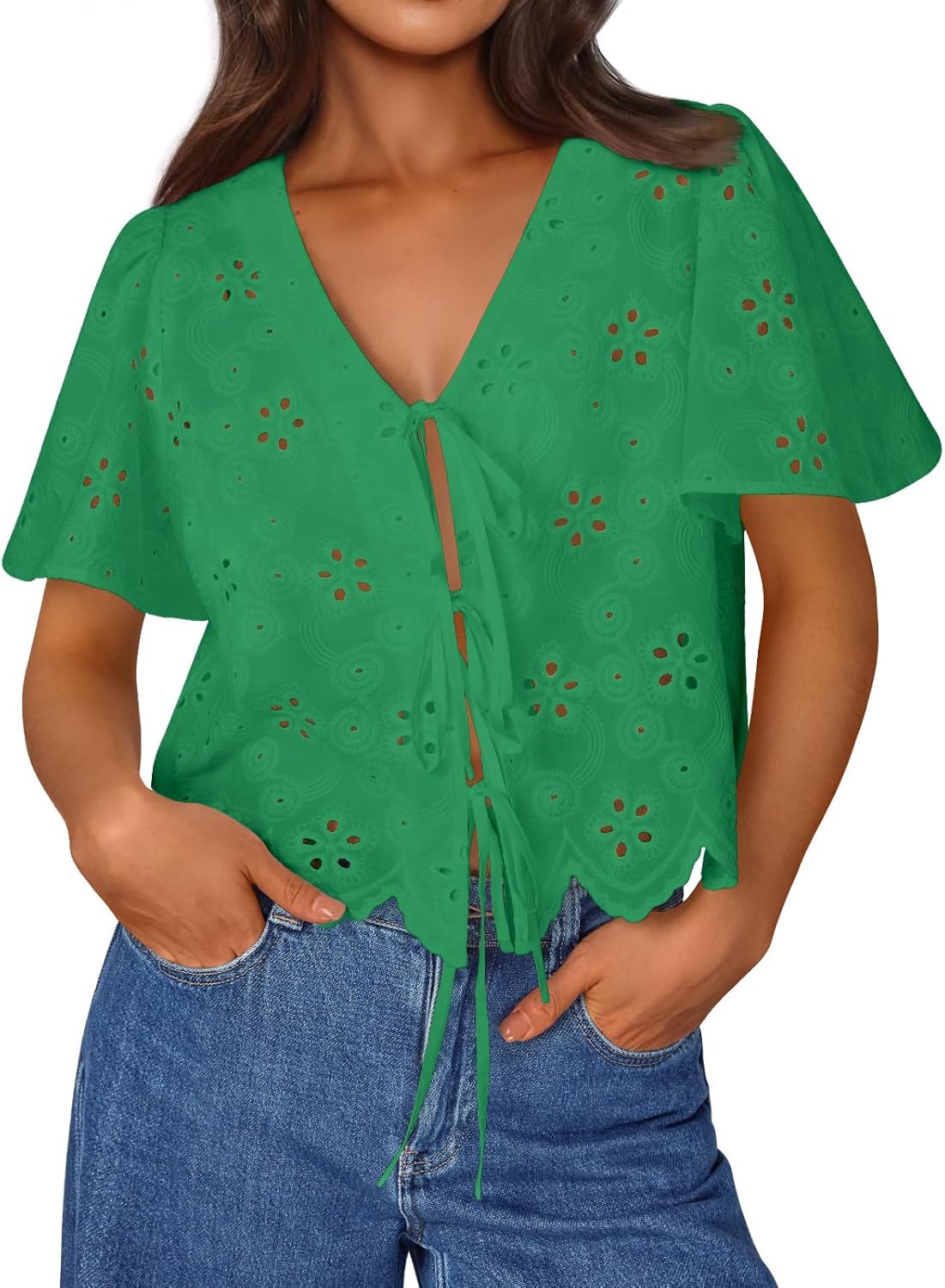 Trendy Queen Womens Tie Front Tops Summer Beach Vacation 2025 Fashion Outfits Loose Fit Blouses Eyelet Embroidered Clothes