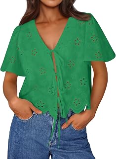 Trendy Queen Womens Summer Tops Cotton Tie Front Blouses | Bohemian Style, Crop Cute Teacher Outfits, Flowy Top, Beach Vacation Outfits 2026, Eyelet Embroidered Clothes for Campus Life