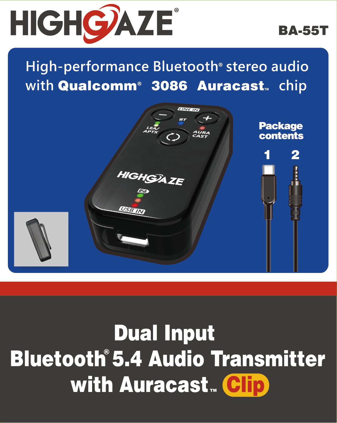 Dual Input Bluetooth 5.4 Audio Transmitter with Auracast Clip - Qualcomm 3086 chip, Supports LE Audio Smartphone for Broadcasting and aptX, 3.5mm TRS Port