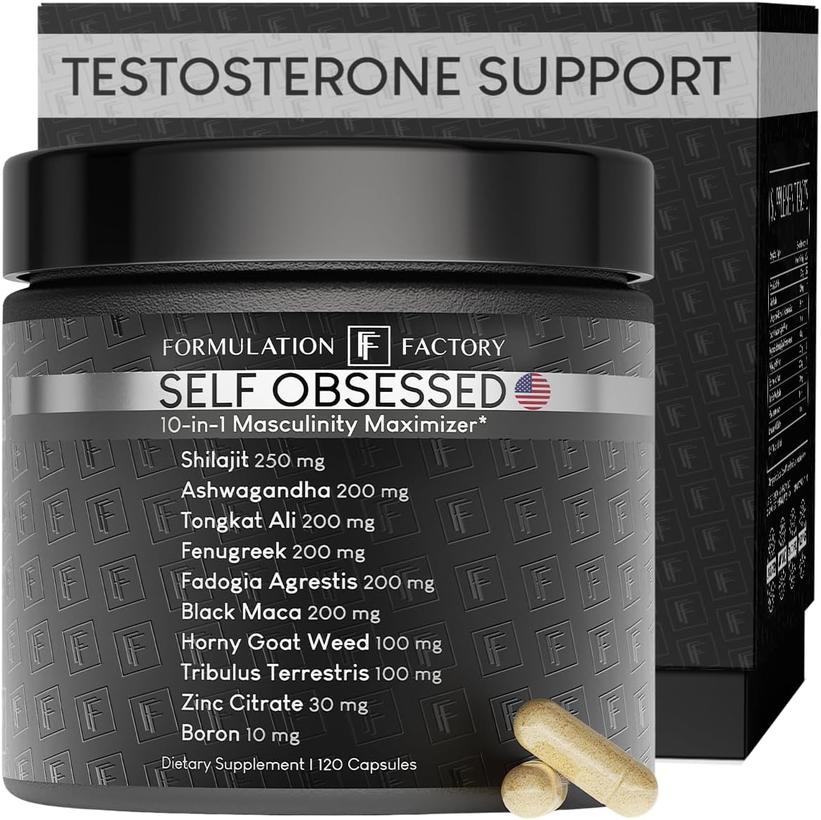 Self Obsessed Masculine Vitality & Testosterone Support – 10-in-1 Complex with Shilajit, Tongkat Ali, & Fadogia Agrestis – 120 Capsules, 2 Month Supply (120 Count (Pack of 1), Self Obsessed)