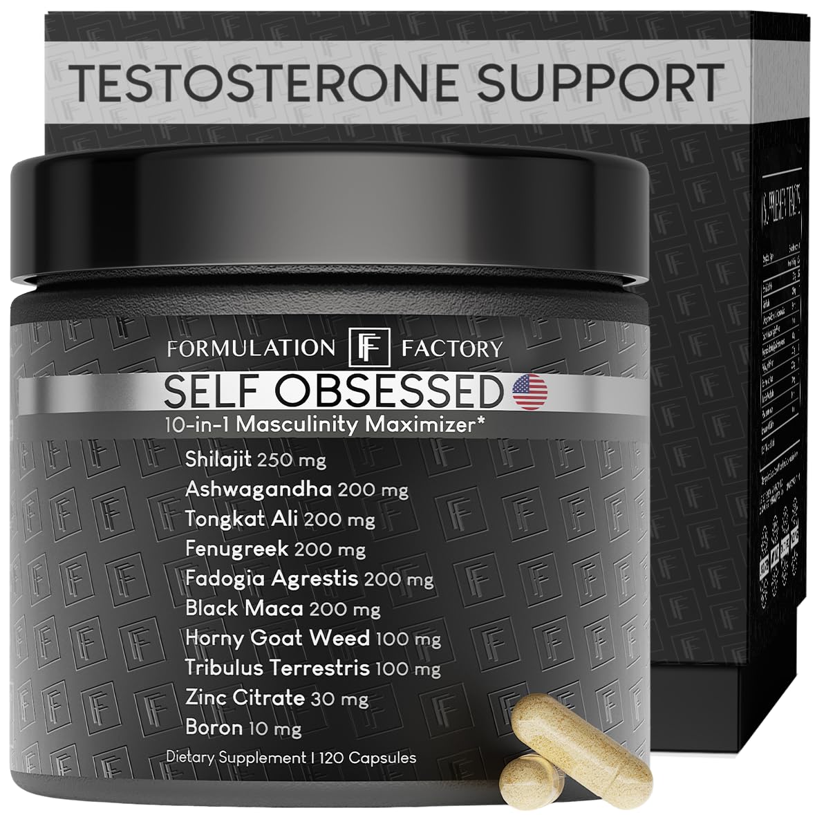 - Self Obsessed Masculine Vitality & Testosterone Support - 10-in-1 Complex with Shilajit, Tongkat Ali, & Fadogia Agrestis - 120 Capsules, 2 Month Supply (120 Count (Pack of 1), Self Obsessed)