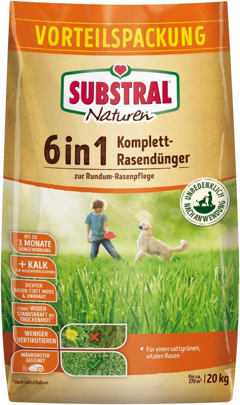 Substral Naturen 6in1 Komplett Rasendünger, mit Sofort und Langzeitwirkung mit Extra Kalk und Kalium, 270 m², 20 kg
