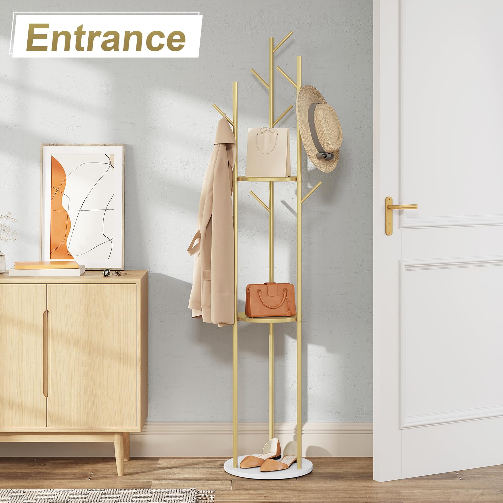 eSituro Garderobenständer gold, Baumform Kleiderständer mit 3 Ablagen Marmorbasis, Garderobe stehend mit 9 Haken, Mehrzweck Standgarderobe, für Schal Tasche Regenschirm, aus Metall
