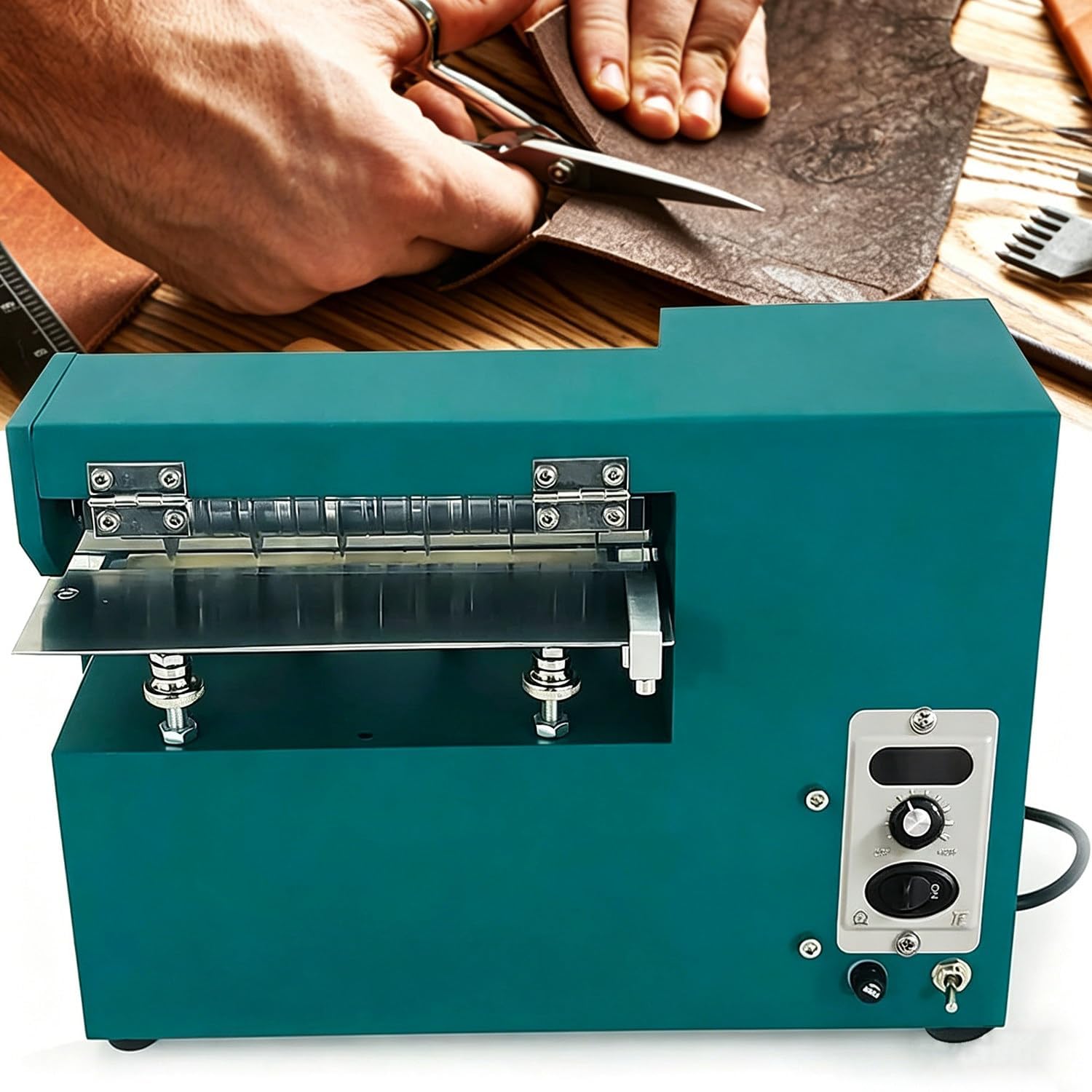 Máquina cortadora eléctrica de cuero de 90 W, cortadora de tela con ancho ajustable de 2 a 200 mm para cuero, zapatos, bolsos y papel.