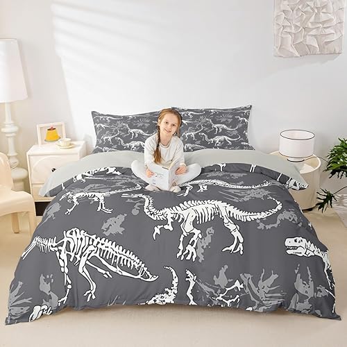 Juego de funda de edredón de dinosaurio, funda de edredón de calavera fósil de Dinos para niños, adolescentes, niños y jóvenes, juego de ropa de