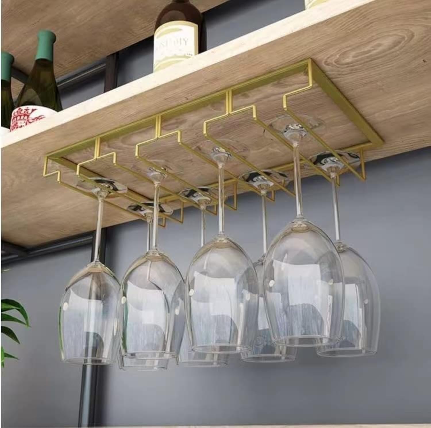 URbazaar Wine Glass Rack - Under Cabinet Stemware Rack,Glass Rack for Bar Cabinet,Metal Wine Glass Holder Glasses Storage Hanger Stainless Steel Material for Kitchen,Bar,Restaurant (Gold-4 Row)