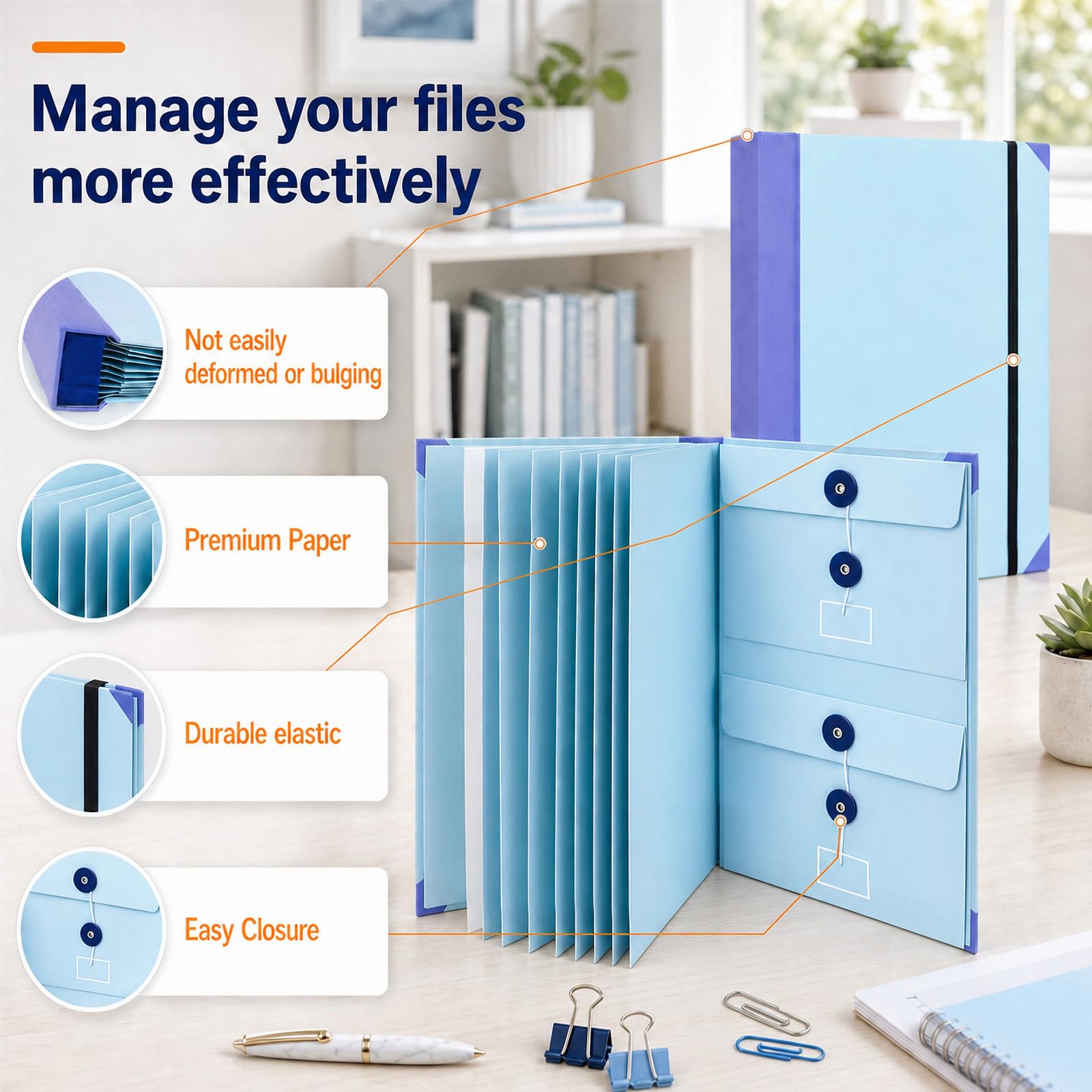 Ważny organizer na dokumenty, organizer na dokumenty 32,5 x 26,5 x 5 cm, z kieszeniami w 3 rozmiarach, etykietami i indeksami, niebieski, rozszerzany folder do domowego biura