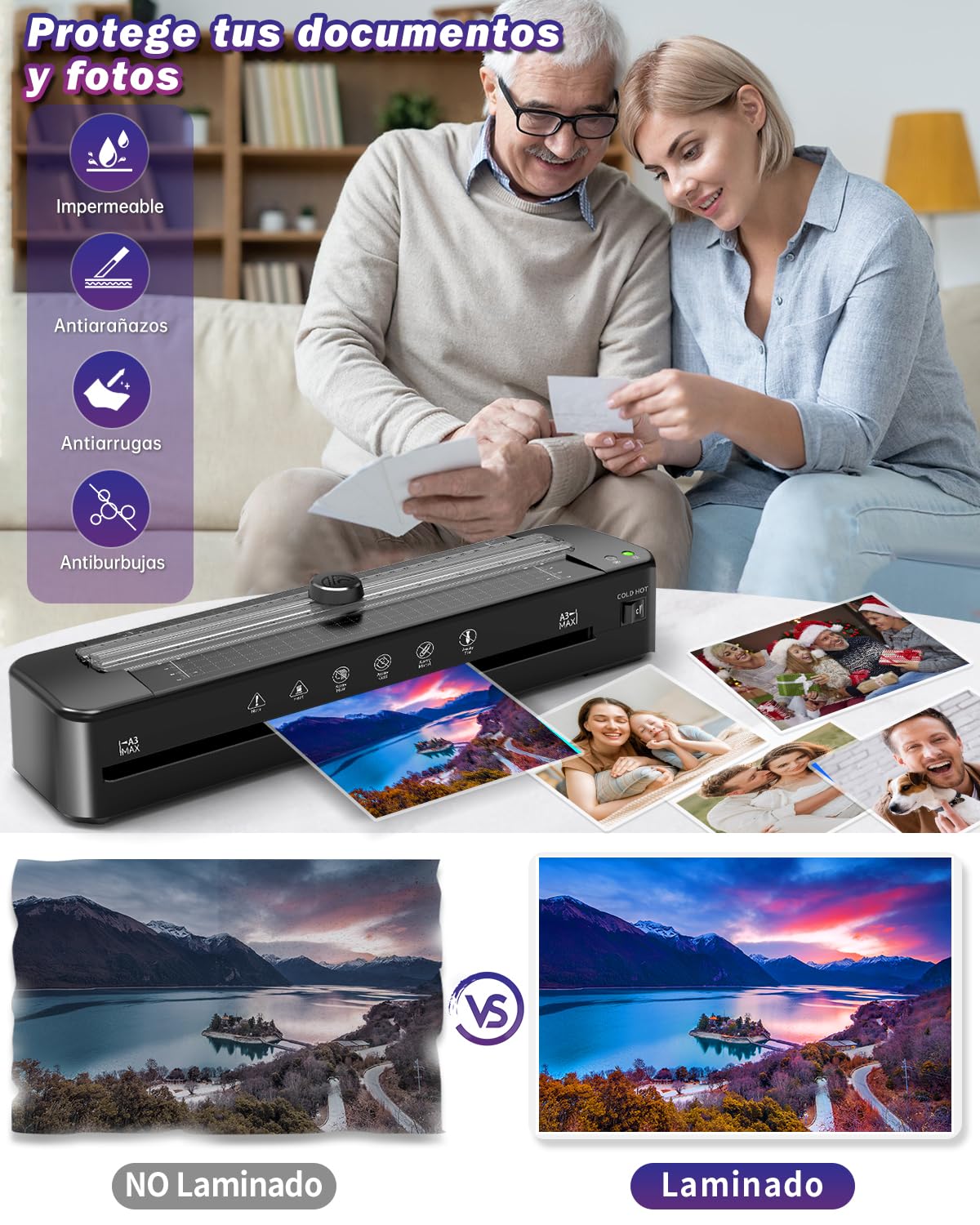 Plastificadora A3, 5 en 1 para A3 A4 A5 A6 Máquina laminadora en modo frío y caliente con cortador de papel, relleno de esquinas y 20 hojas de laminada para la escuela, la oficina y el hogar