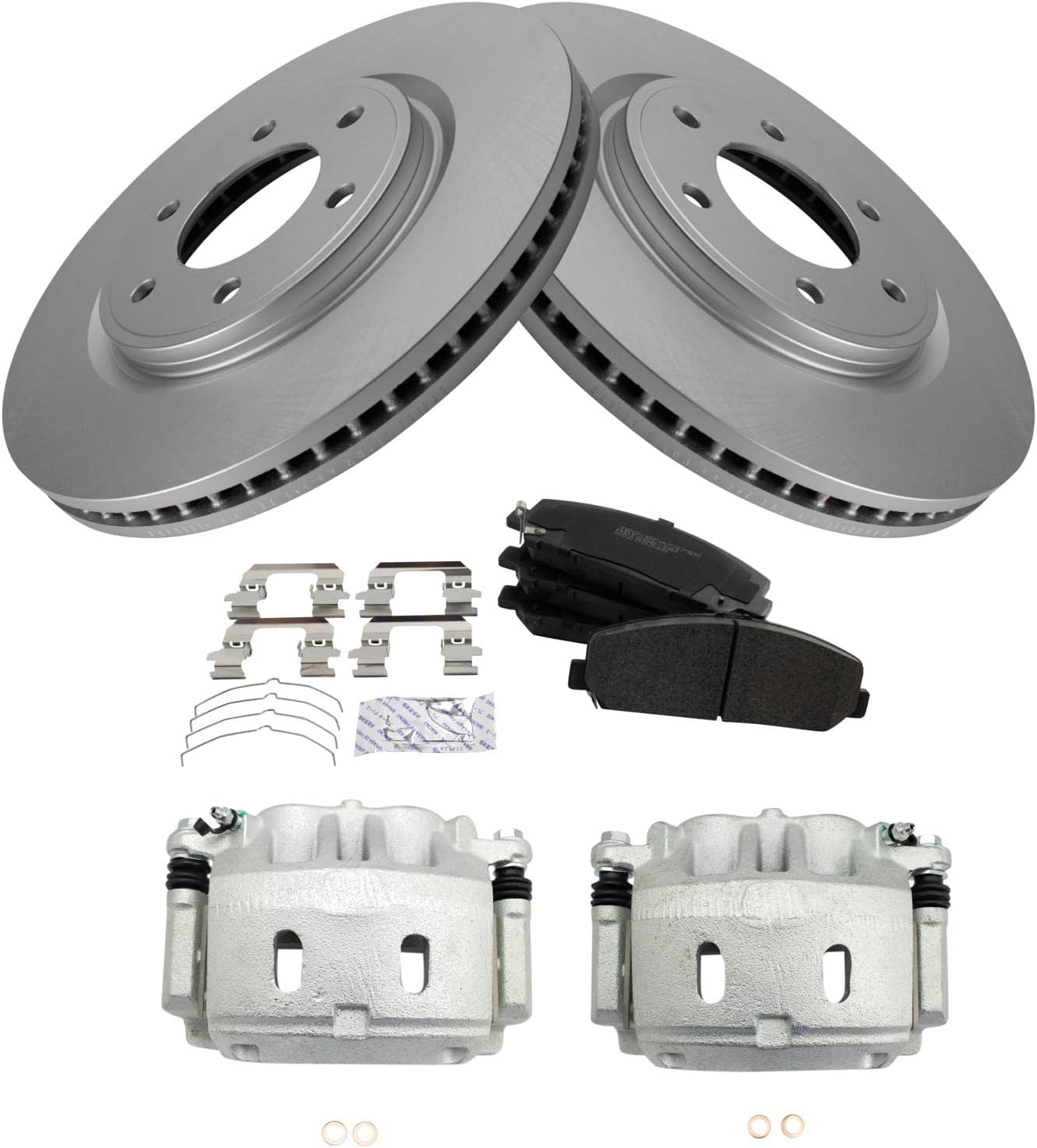 TRQ Front Brake Pad & Rotor Kit Brake Caliper Brake Pads Brake Rotor Semi-Metallic Vented Premium G-Coated Compatible with 2008-2010 INFINITI QX56 2008-2011 Nissan Armada TITAN