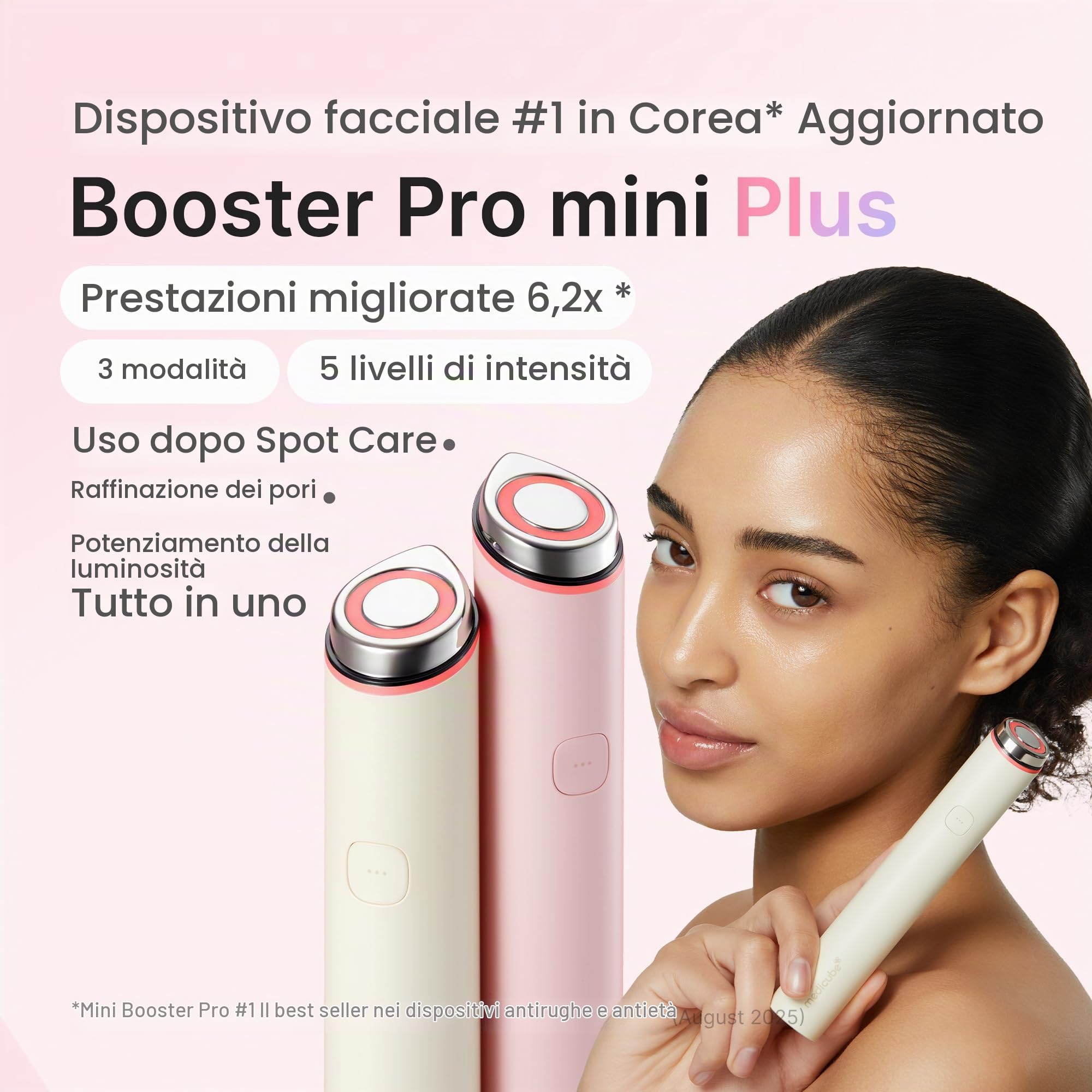 medicube Mini Booster Pro Plus | Dispositivo Viso per Luminosità, Effetto Lenitivo & Elasticità, 3 Modalità, Dispositivo Portatile per Skincare Coreana, Rosa