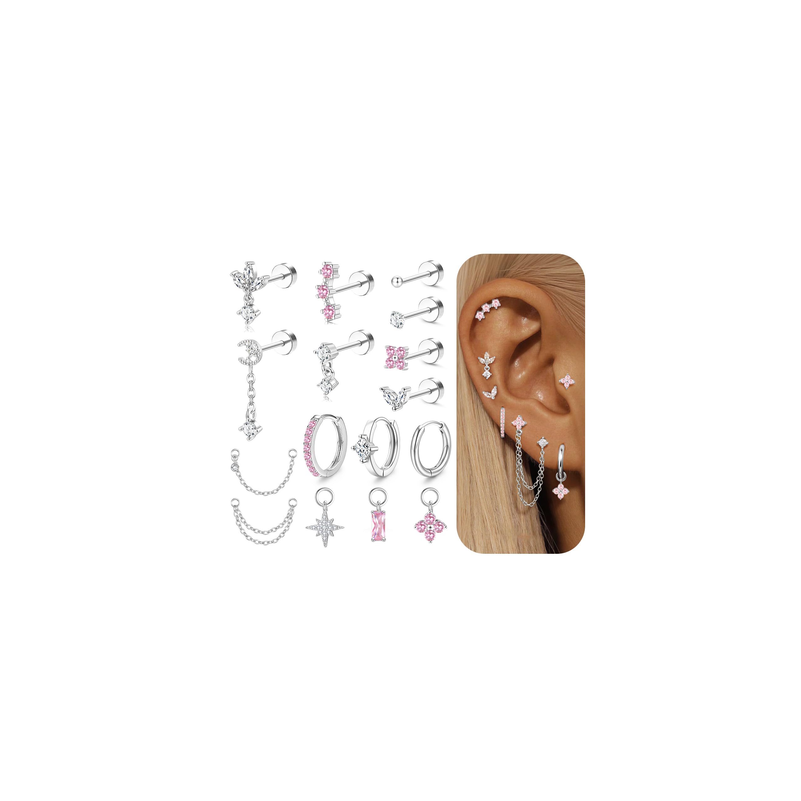 MILACOLATO Helix Piercing kolczyki ze stali chirurgicznej, kolczyki typu Flatback, hipoalergiczne małe kolczyki kreole, złote, wodoodporne, rook, tragus, conch, srebrny, złoty