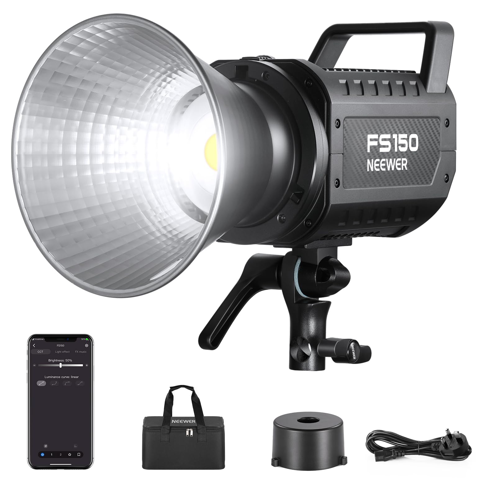 NEEWER FS150 LED Video Light 2.4G/APP Control, 130W 5600K COB Daylight Silent Photography Continuous Output Lighting 4 Precise Dimming Types 102000lux/1m CRI97+ 9 Effects Bowens Mount, UK Plug